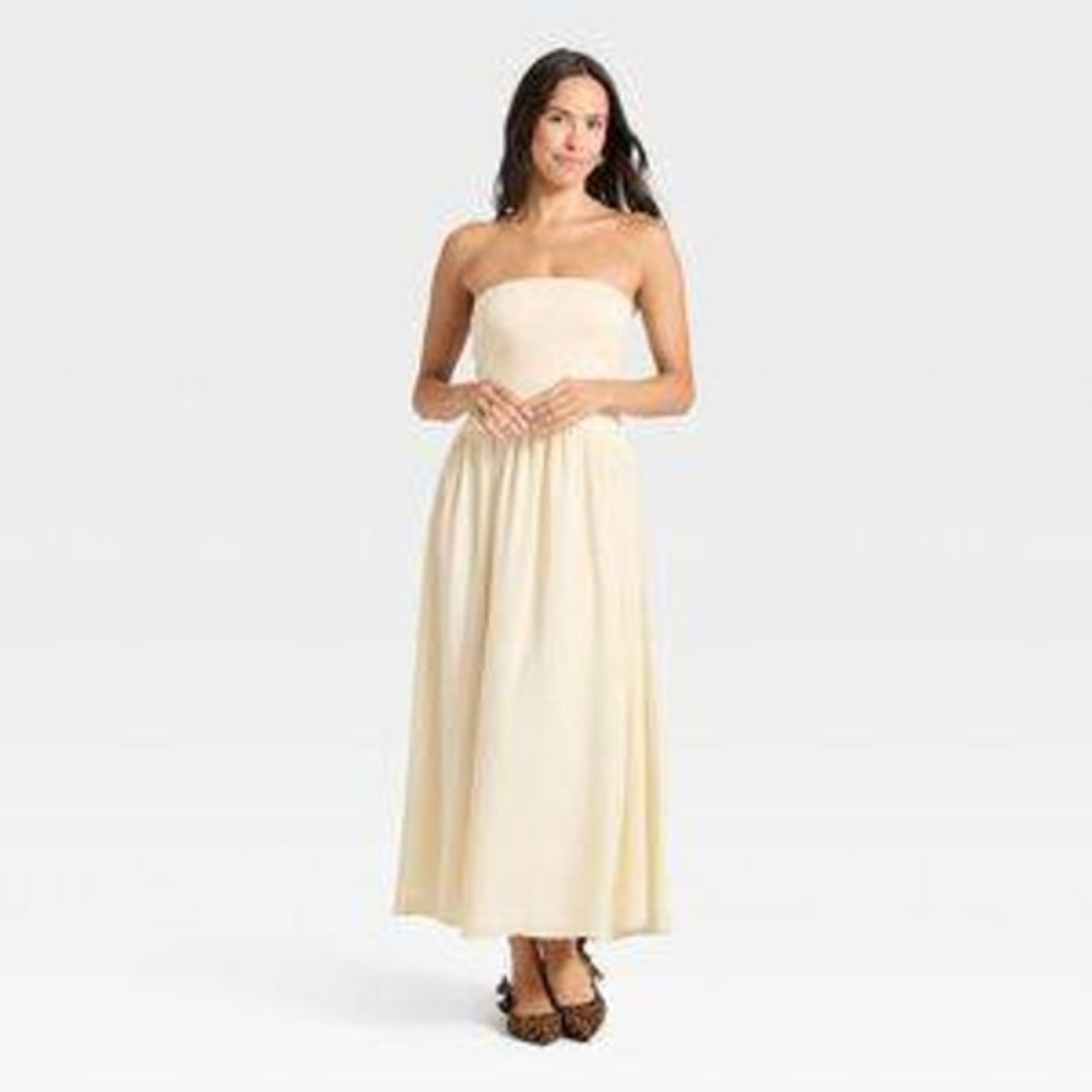 A New Day Womens XS Cream Beige Strapless Maxi Dress Drop Waist Tube Top Chiffon
